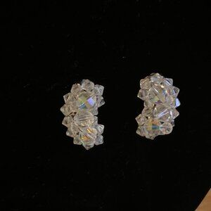 Vintage 50's Clip On Earrings Rainbow Glass Bead Silver Tone 1.25" 1/2 Moon Shap